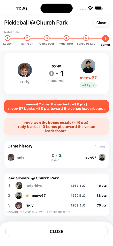 Match results showing rating changes